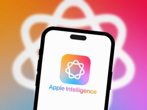 Apple intelligence logo displayed on smartphone screen, Apple intelligence in the background