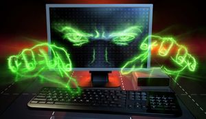 illustration of a cybercriminal as menacing eyes and hands coming out from the computer