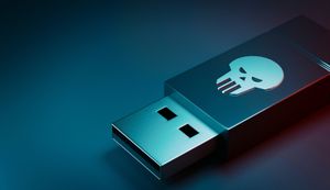 USB memory stick with skull icon depicting malware